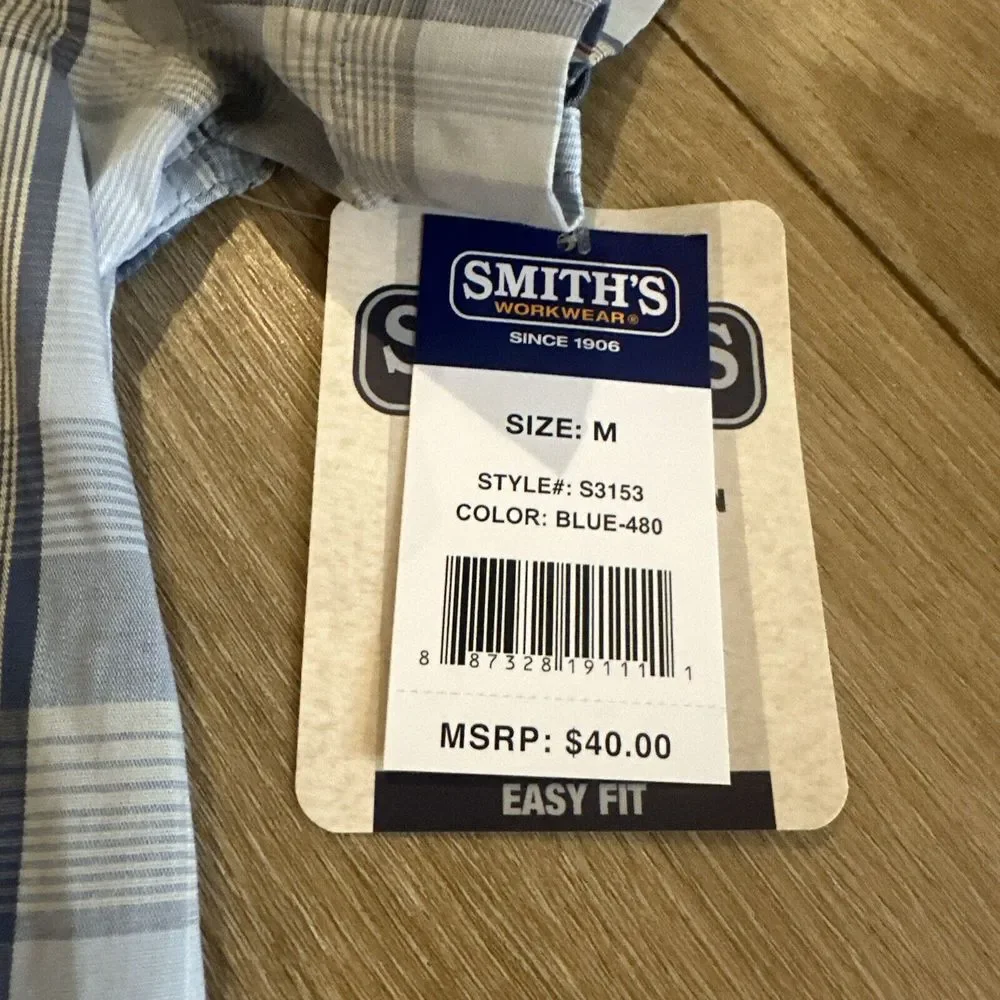 Smith's Workwear‎ Men's Blue Plaid Short Sleeve Button Down Shirt Medium NEW